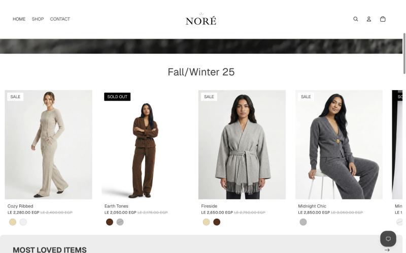 NORÉ homepage showing the Fall/Winter 25 collection with sale prices