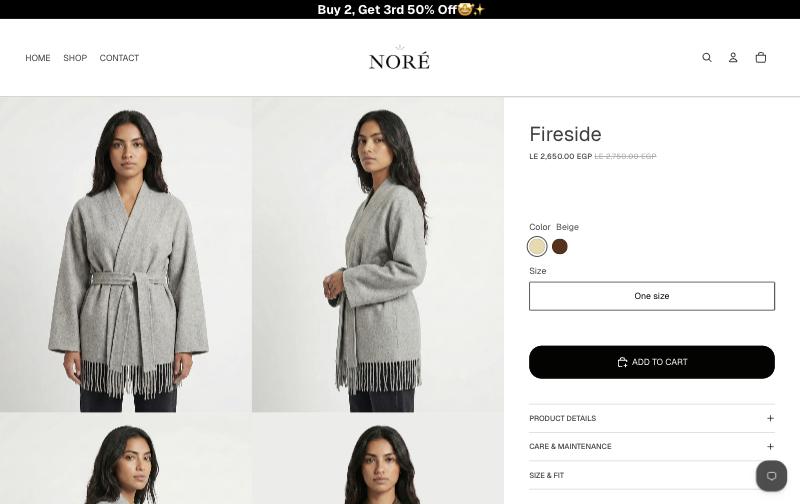NORÉ product page for the Fireside coat